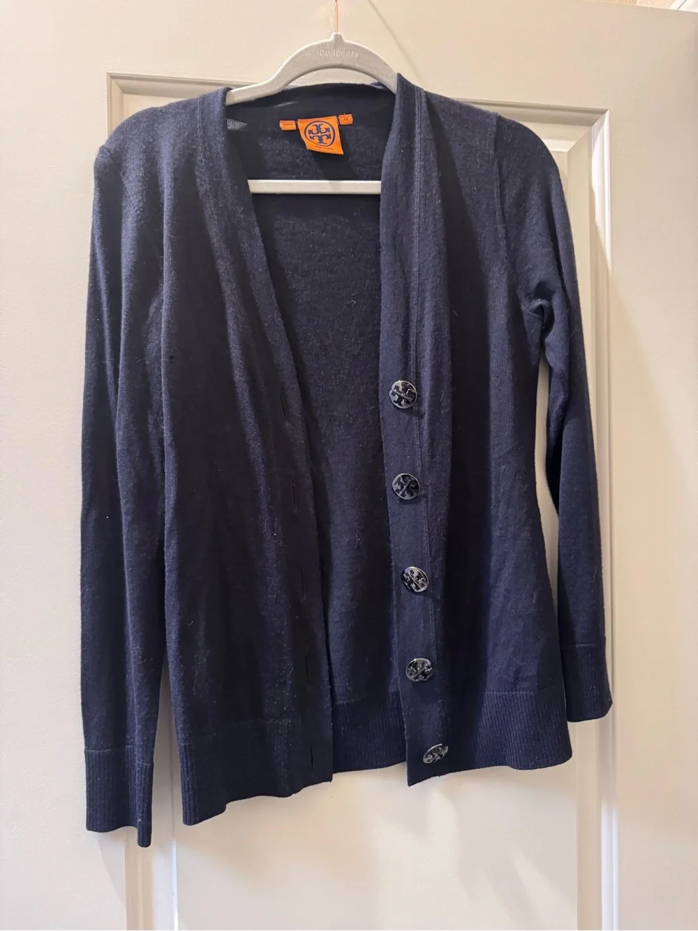 Tory Burch Classic V-Neck Long Sleeve Button Cardigan - Navy